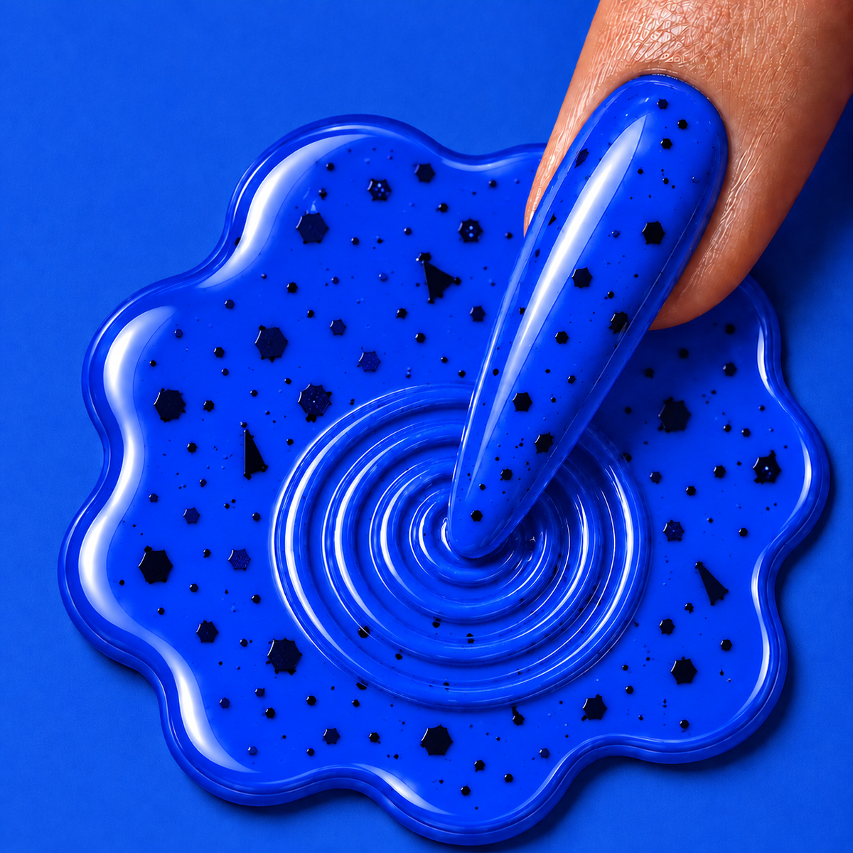 Night Cap cobalt blue luminous gel polish with fine black speckles and a glossy finish, from the Drip Lab After Dark Halloween gel polish collection.
