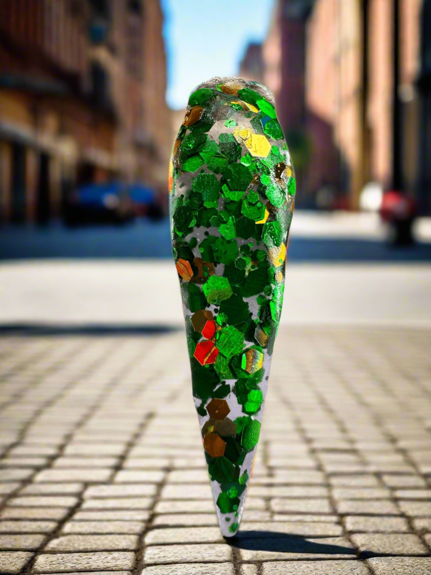 Acrylic Powder-Haunted Hayride Nail Acrylic with green and orange glitter.