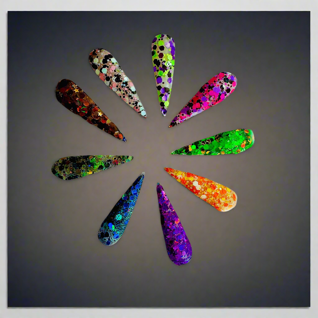 Acrylic Powder-Haunted Hayride collection, vibrant Halloween-themed nail acrylics with glitter.