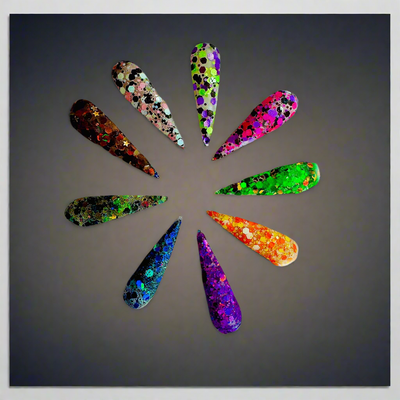 Acrylic Powder-Haunted Hayride collection, vibrant Halloween-themed nail acrylics with glitter.