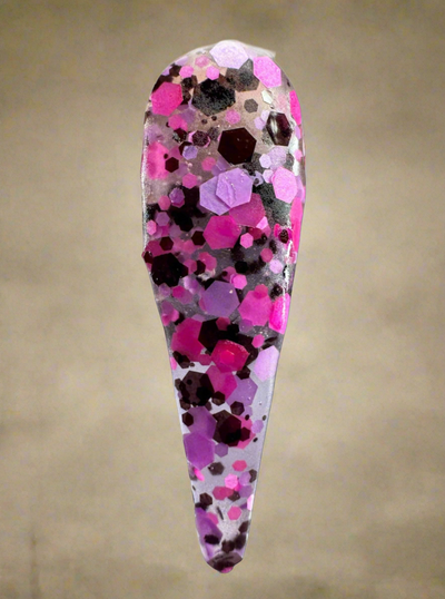 Acrylic Powder-Haunted Hayride with pink and purple glitter, perfect for Halloween-themed nail designs.