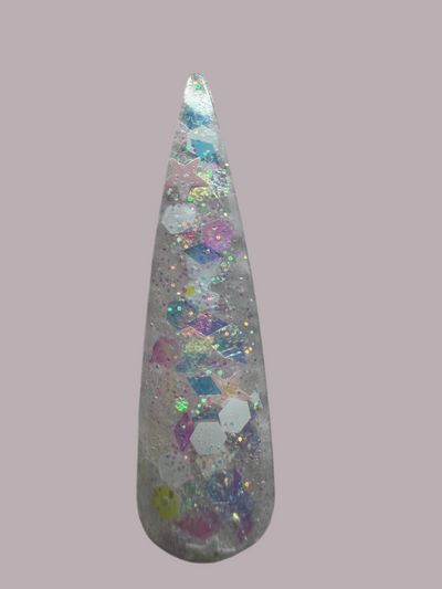 Glitter acrylic powder with colorful, iridescent flakes for nail art.