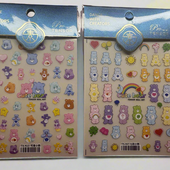 Care Bear nail stickers with colorful character designs for playful manicures.