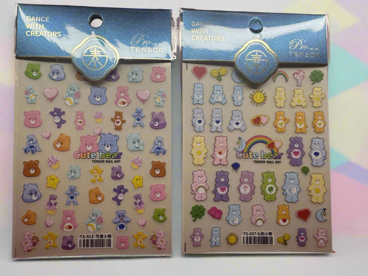 Care Bear nail stickers with colorful character designs for playful manicures.