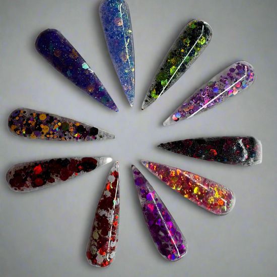 Halloween Glitter Acrylics Collection 2 with colorful and spooky nail designs.