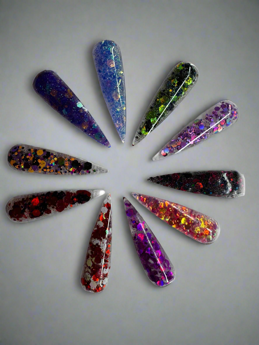 Halloween Glitter Acrylics Collection 2 with colorful and spooky nail designs.