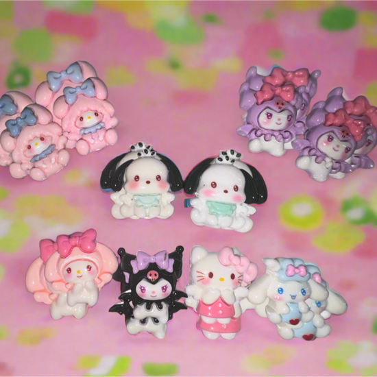 Hello Kitty nail charms set featuring Hello Kitty, Kuromi, and Melody characters, 10 pieces, 25x27mm.