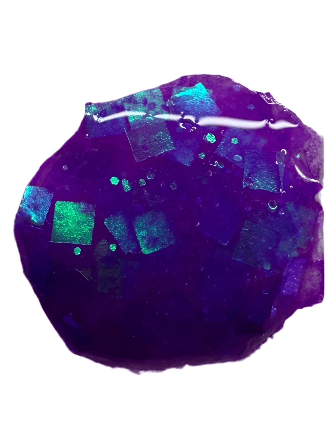 Neon Nail acrylics from Pool Party Collection with glitzy purple and green shimmer.