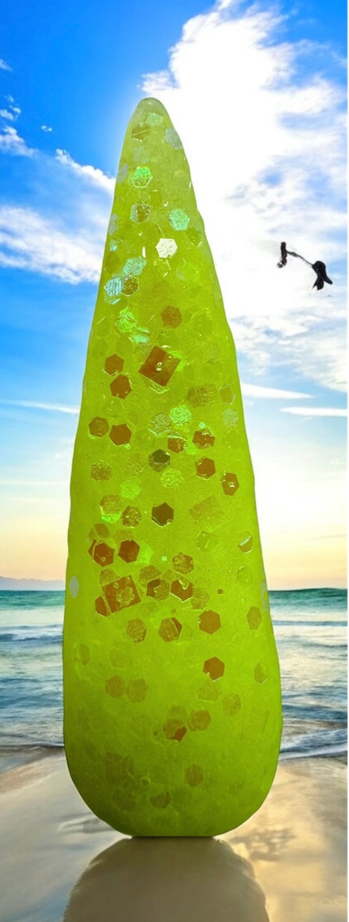 Neon Nail acrylics - Pool Party Collection with glitter on a beach background.