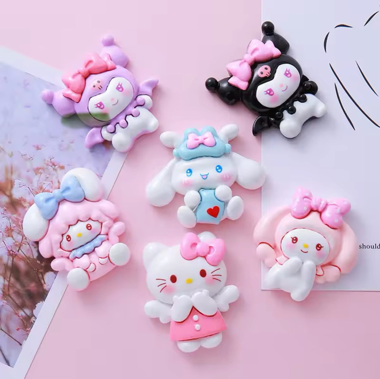 Hello Kitty nail charms featuring Hello Kitty, Kuromi, and Melody characters, set of 10.