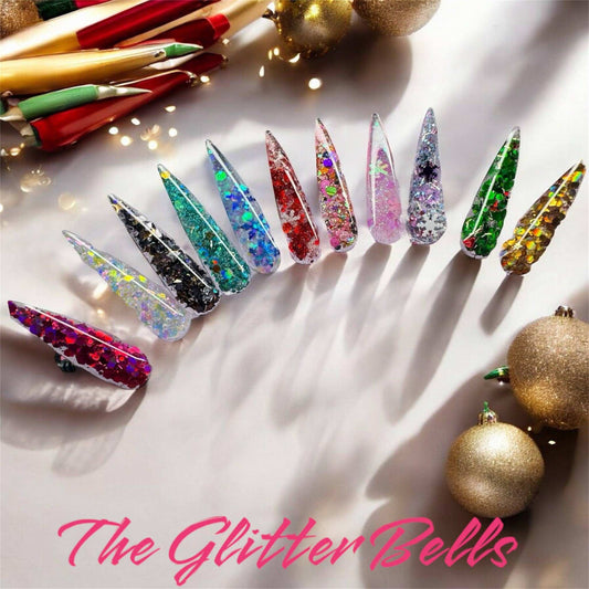 Christmas nails collection by Glitterbells, featuring sparkly holiday designs with glitter and snowflake accents.