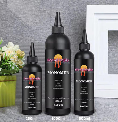 Watermelon scented EMA Liquid Monomer bottles in 250ml, 500ml, and 1000ml sizes for professional nail use
