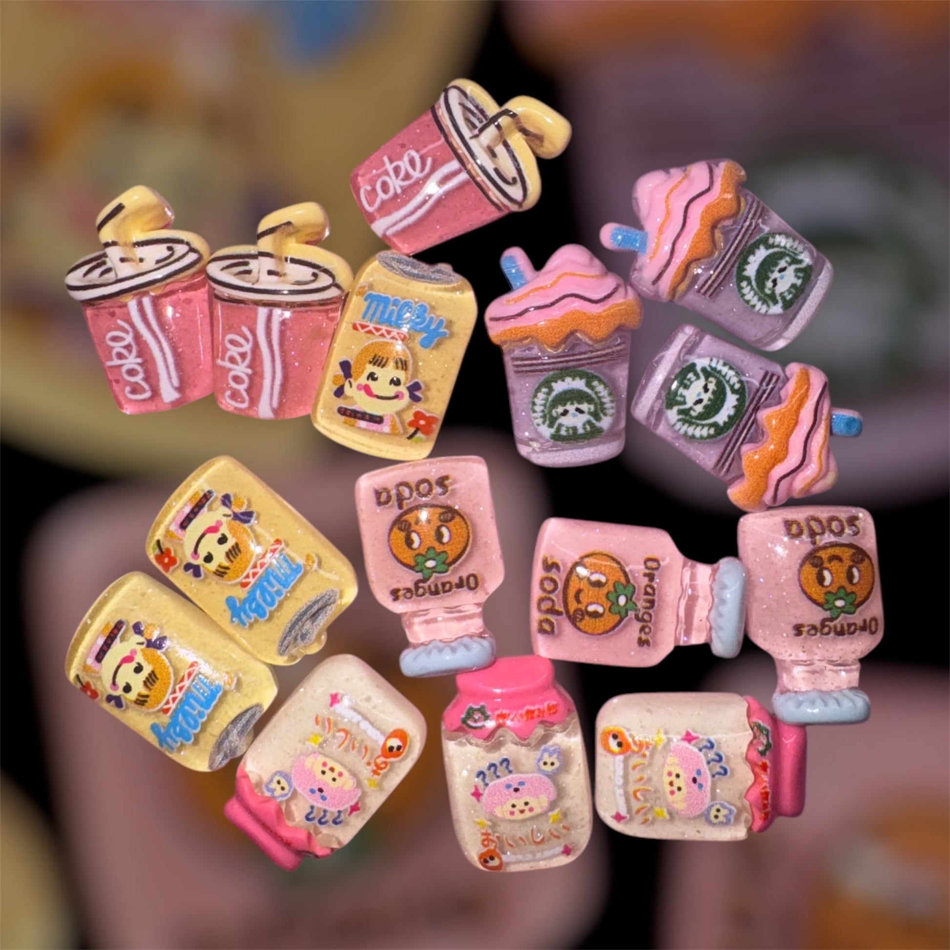 Mini beverage-themed nail charms in various colorful designs made of resin, perfect for stylish manicures.