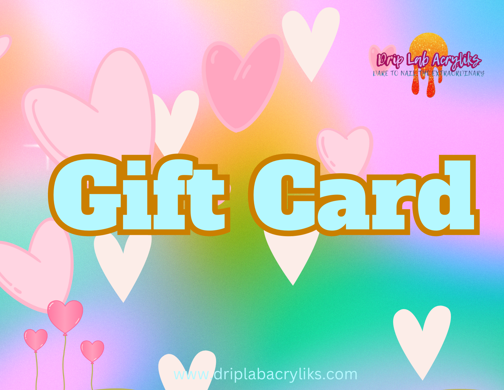 Gift card with colorful heart design background.