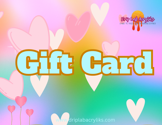 Gift card with colorful heart design background.