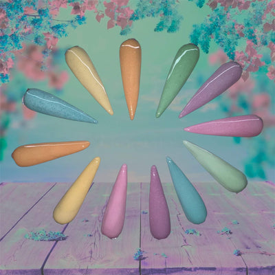 Spring Nails Powders in pastel shades arranged in a circular pattern against a spring-themed background.