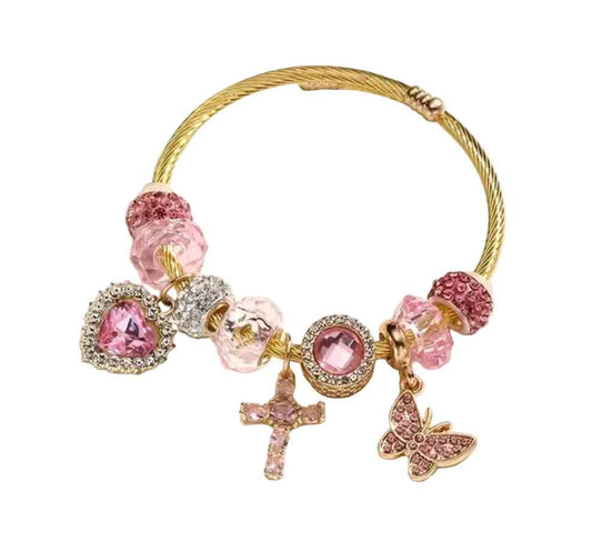 Pink Stone Chunky Charms Bracelet