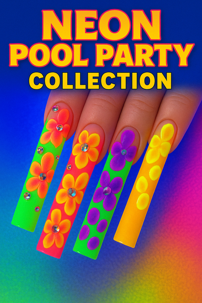 Neon nail acrylics with bright floral designs from the Neon Pool Party Collection on long nails against a vibrant background
