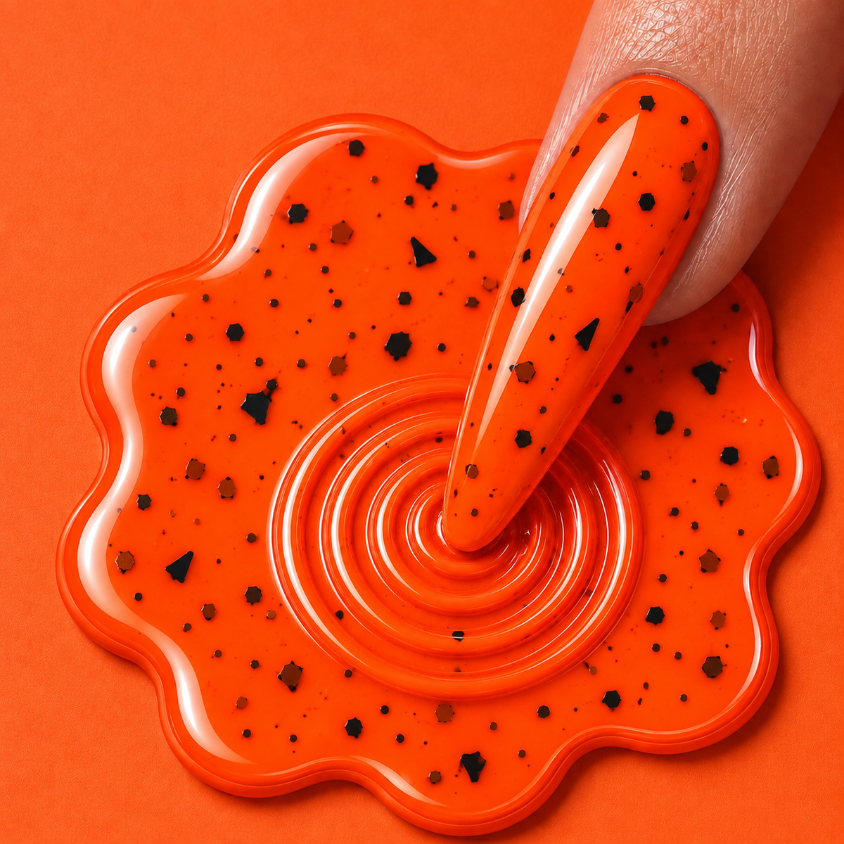 Witch Bitch neon orange luminous gel polish with fine black speckles and a glossy finish, shown as a bold Halloween gel polish color from Drip Lab After Dark.