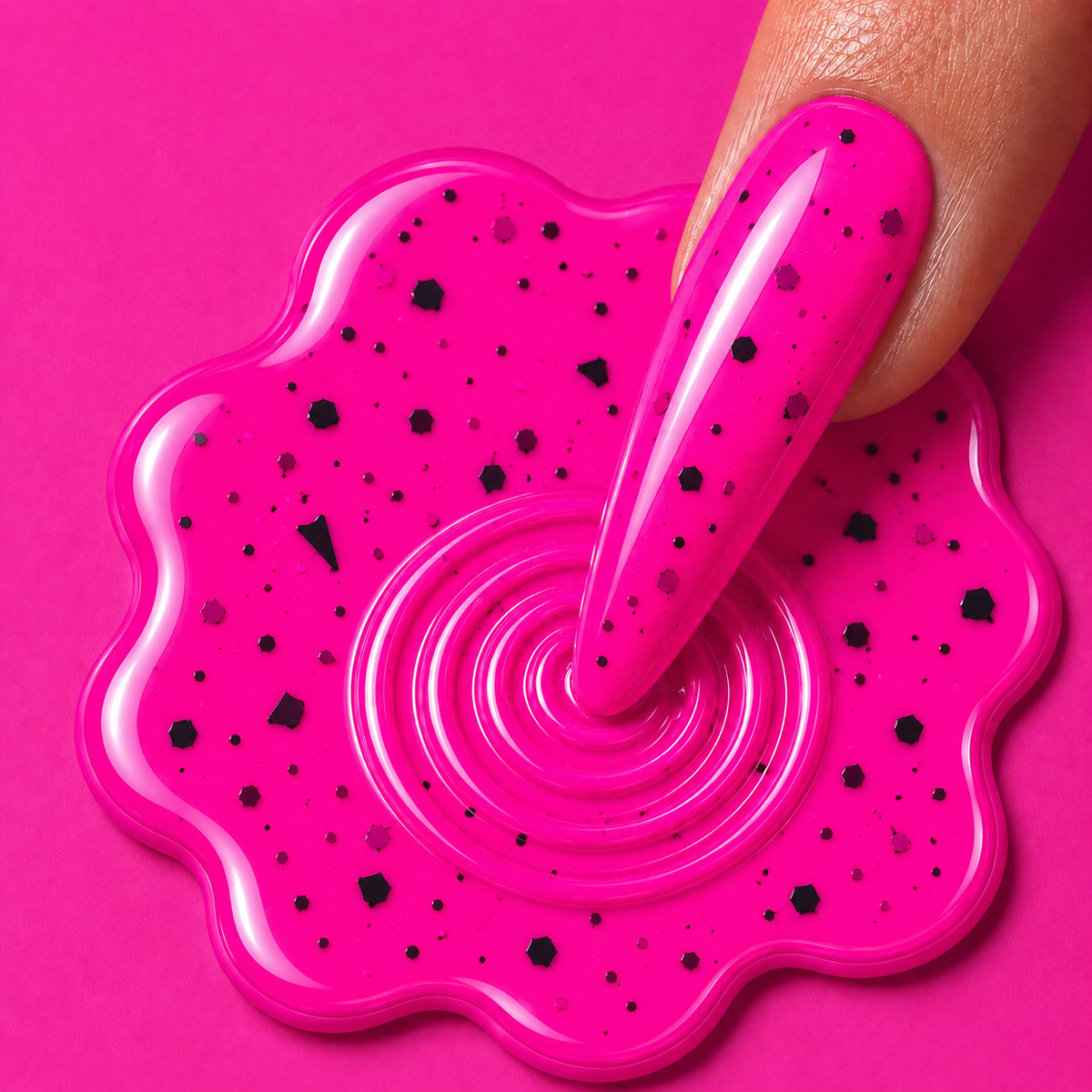 Hexy Baby vibrant hot pink luminous gel polish with fine black speckles and glossy finish from the Drip Lab After Dark Halloween collection.