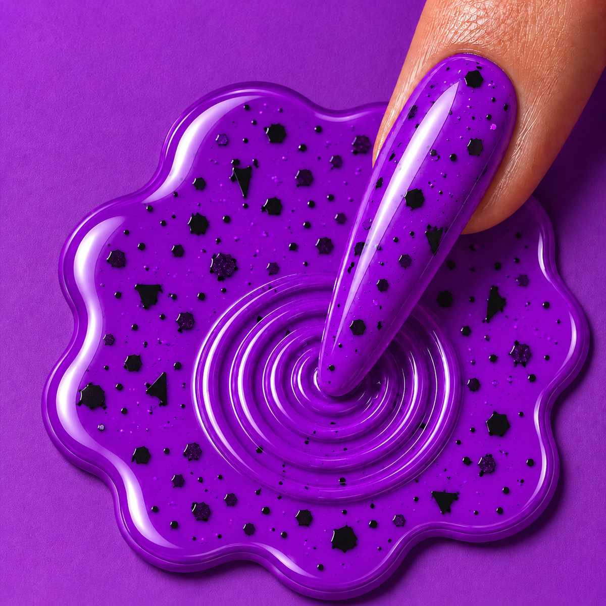 Ghoulfriend vibrant purple luminous gel polish with fine black speckles and a glossy finish, from the Drip Lab After Dark Halloween gel polish collection.