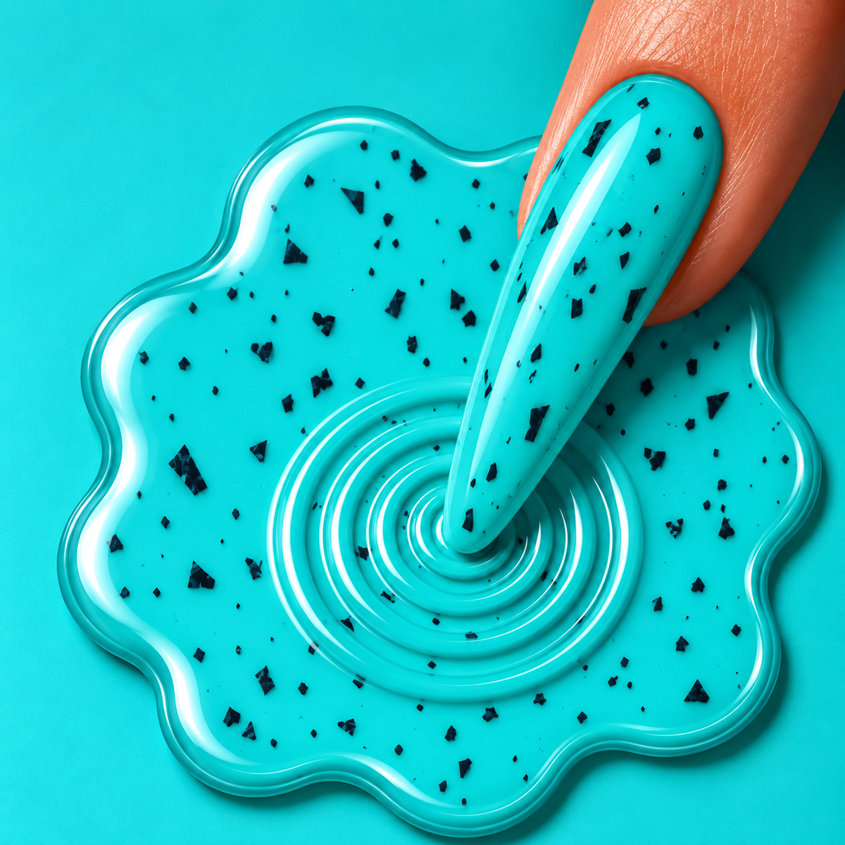 Ghosted bright aqua turquoise luminous gel polish with fine black speckles and a glossy finish, from the Drip Lab After Dark Halloween gel polish collection.
