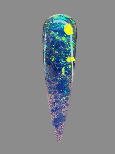 Halloween themed blue and green glitter acrylic nail powder sample with yellow accents