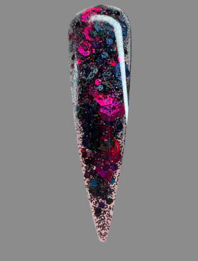Halloween themed nail glitter acrylic powder with black and pink glitters on long pointed nail tip