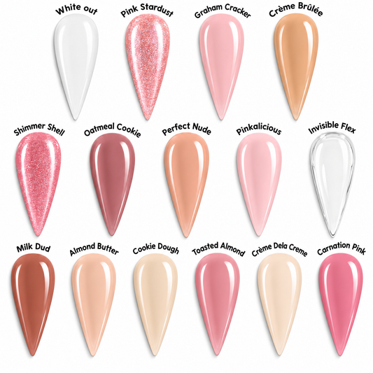 Color Me Nude acrylic powder shade chart with labeled nude, pink, brown, white, clear, and shimmer nail swatches.