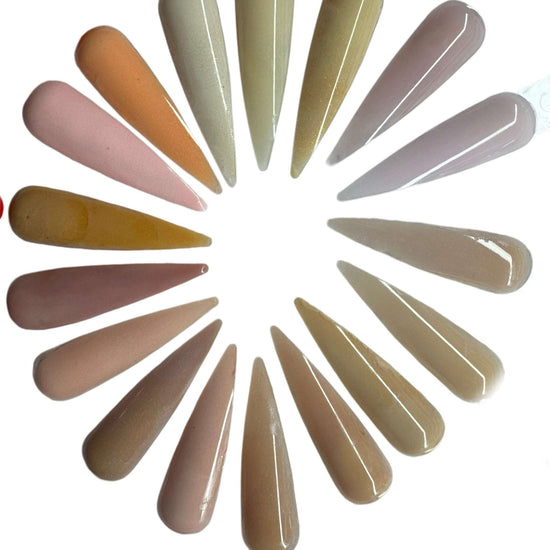 Nail Cover Acrylic Powders Collection showcasing various color samples in a circular arrangement.