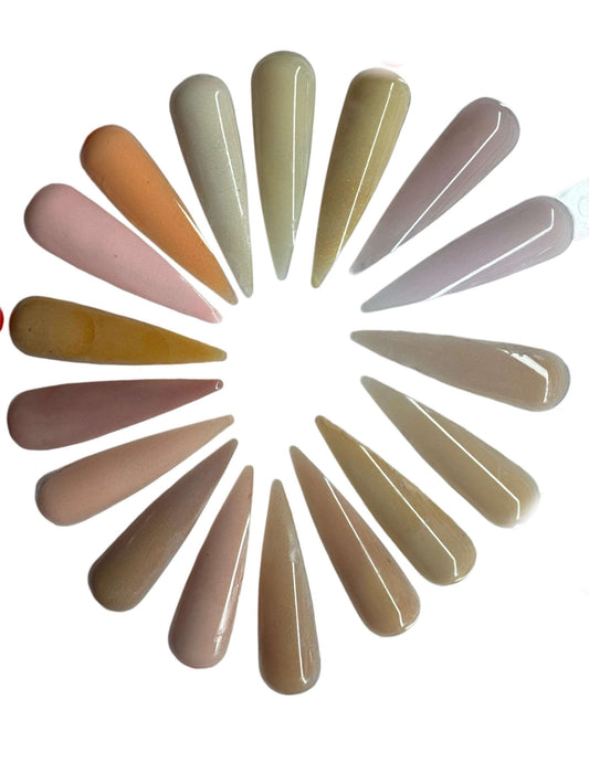 Nail Cover Acrylic Powders Collection showcasing various color samples in a circular arrangement.