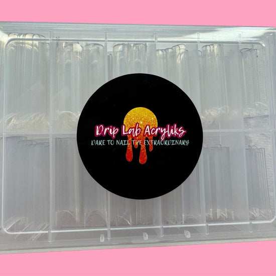 Square 2XL Extendo Nail Tips, transparent acrylic box of 240 pre-numbered strong square tips.