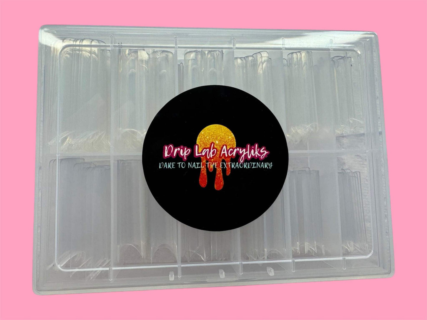 Square 2XL Extendo Nail Tips, transparent acrylic box of 240 pre-numbered strong square tips.