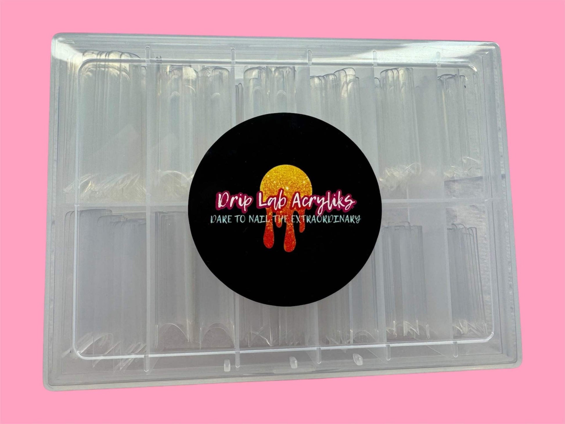 Square 2XL Extendo Nail Tips, transparent acrylic box of 240 pre-numbered strong square tips.