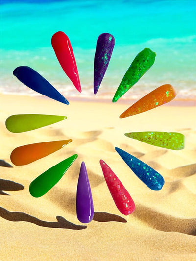 Neon Nail acrylics - Pool Party Collection in vibrant colors displayed on beach sand.